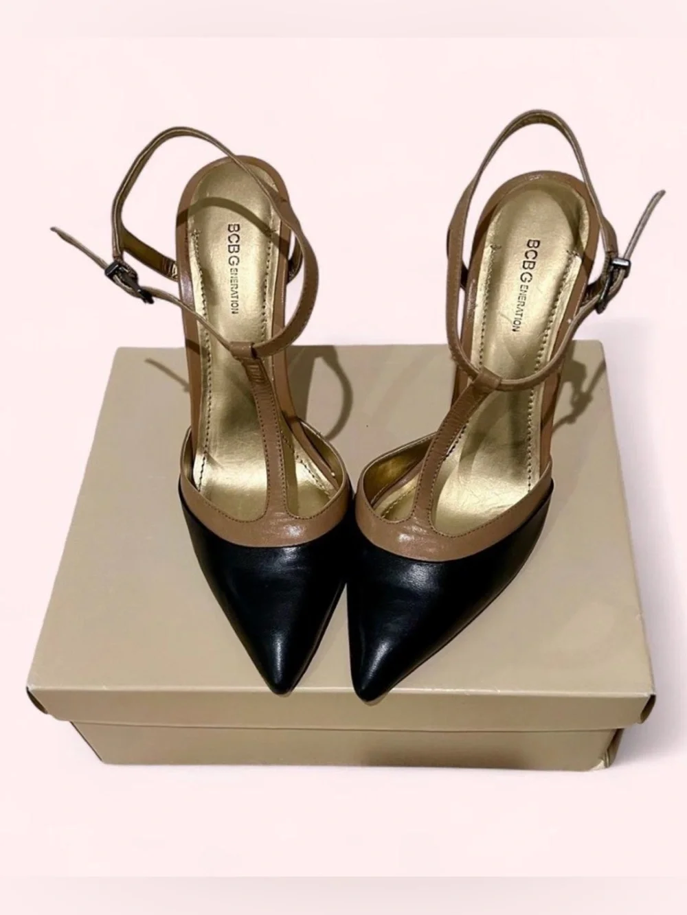 Black & Tan T-Strap Heels - Picture 2 of 6